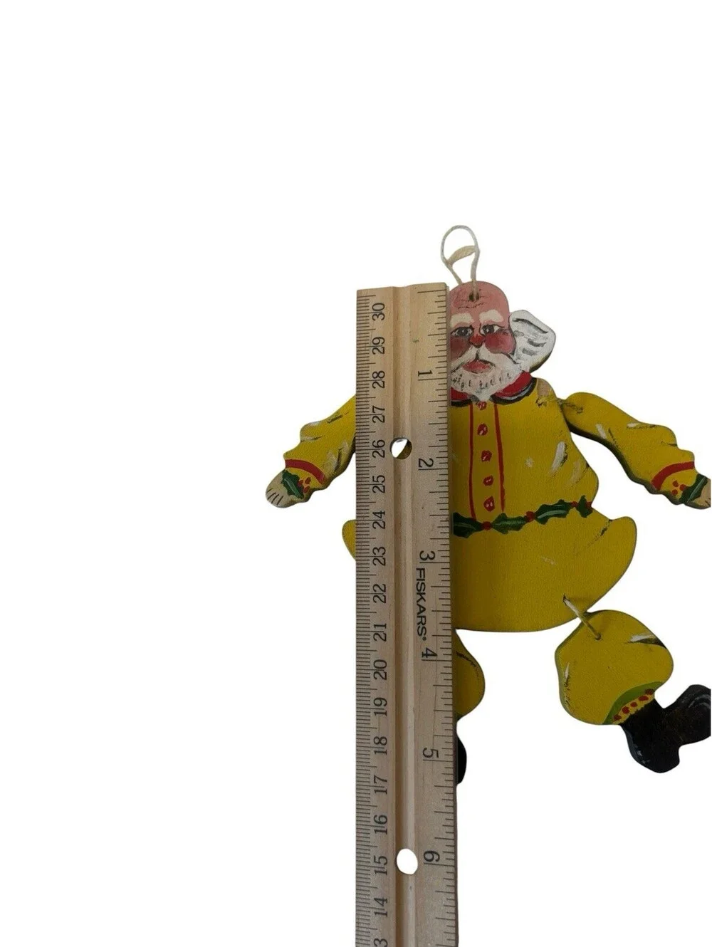 Vintage Wooden Santa Christmas Ornament Hand Painted Jointed Yellow Signed 5”
